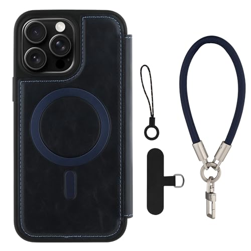 Wallet Phone Case Crafted for iPhone 16 Pro Blue | PU Leather Phone Case Flip Cover Wrist Strap Card Holder Slots - color: Blue-2, size: iPhone 16 Pro