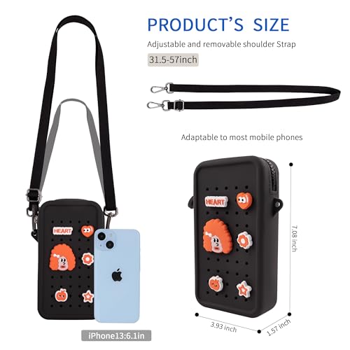Silicone Crossbody Bag for Women, DIY Charm Compatible Perforated Hole Design, Compact Waterproof Lightweight Phone Purse with Adjustable Strap for Daily Use (Black) - color: Black