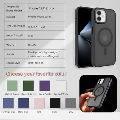 Magnetic iPhone 12/12Pro case,Compatible with Magsafe, Military-Grade Protection,Slim Translucent Matte Shockproof with Anti-Scratch Anti-Fingerprint Phone Cover (Black, iPhone 12/12Pro) - color: Black, size: iPhone 12/12Pro