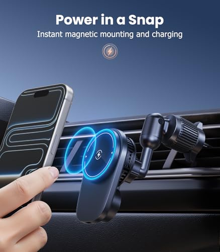 Long-arm Wireless Magnetic Car Phone Holder Mount with Cooling Fan & RGB Lights, 15W Fast Charging Auto-Rotate Charger for iPhone 17/16/15/14/13/12 S25 Samsung Google, Car Air Vent Mount - size: Vent clip