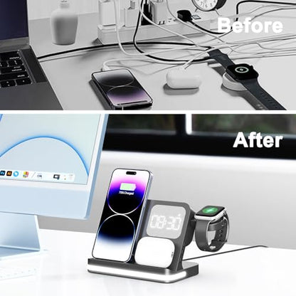 7 in 1 Wireless Charging Station Compatible with Apple Multiple Devices iPhone, AirPods, and Apple Watch - Phone Wireless Charger Fast Charging with Night Lamp and Clock(Black)