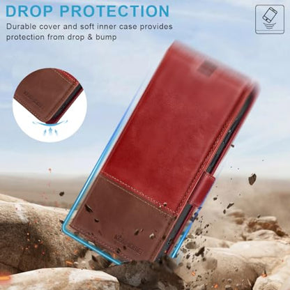 KEZiHOME Genuine Leather Wallet Case for Samsung Galaxy S24 Ultra | Red/Brown, RFID Blocking Card Slot, Kickstand, Magnetic Protective Phone Folio Cover, Compatible with Galaxy S24 Ultra - color: Red/Brown