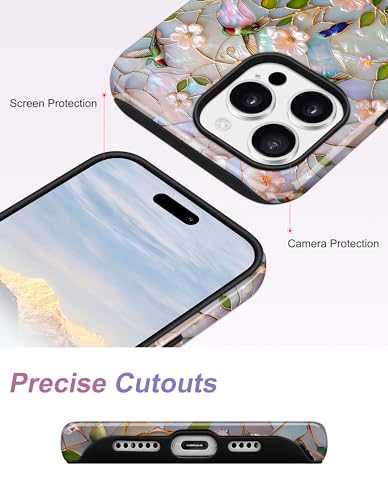 Magnetic Flower Phone Case for iPhone 15, Blue Green | Compatible with MagSafe, Cute Stained Glass Bird Aesthetic, TPU and PC Protective Phone Cover for Women Men Girls Boys - color: Blue Green Bird