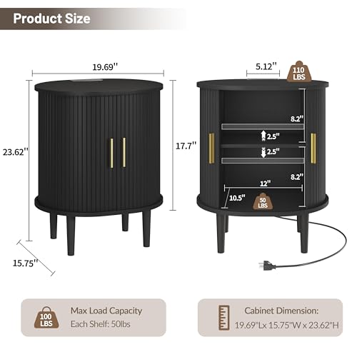 DHH Mid Century Modern Nightstand with Charging Station, Fluted Accent Side Table with Sliding Door & Adjustable Shelf, End Table for Small Space, Living Room, Bedroom,Sofa Couch (1, Black) - color: Black