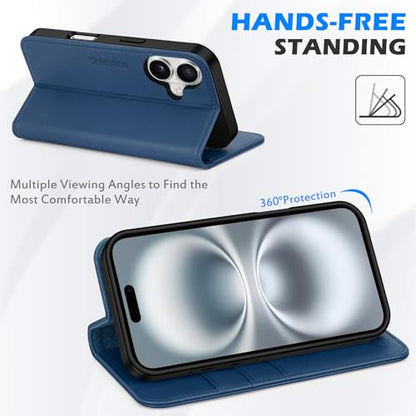 SHIELDON Genuine Leather Magnetic Case Wallet for iPhone 16, Royal Blue | Flip Magnetic Closure, RFID Blocking 3 Card Holder, Kickstand, Full Protection, Shock Absorbing Protective Cover - color: Royal Blue