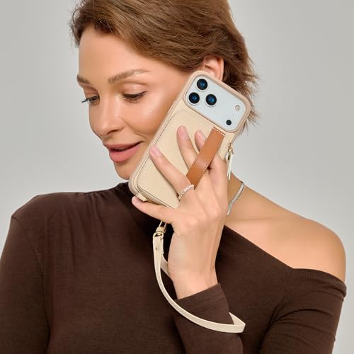 LAMEEKU for iPhone 17 Pro Max Wallet Case with Card Holder, Crossbody Case with Kickstand Wrist Strap Cover 6.9 inch Beige - color: Beige, size: iPhone 17 Pro Max 6.9''