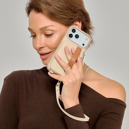 LAMEEKU for iPhone 17 Pro Case Wallet with Wrist Strap, Zipper Crossbody Purse with Phone Grip Holde 6.3 inch Beige - color: Beige, size: iPhone 17 Pro 6.3''