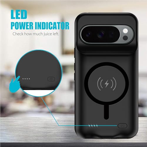 Battery Case for Pixel 9/10 Pro XL,Full Encircle 10000mAh High Capacity Rechargeable Portable Charger Case Extended Battery Pack with Pixel 9/10 Pro XL(6.8inch) Wireless Cover with Carplay-Black