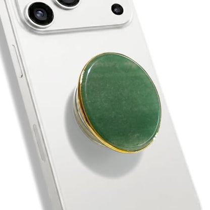 Natural Gemstone Phone Grip Collapsible Cell Phone Holder & Expanding Kickstand, Authentic Oval Crystal with Gold Edge (Green Aventurine, Adheisve Base) - color: Green aventurine