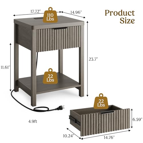 Night Stand Set 1, Fluted Wood Bedside Table w/Socket Station for Bedroom - color: Dark Grey, size: 1 Drawer-Set of 1 Nightstand