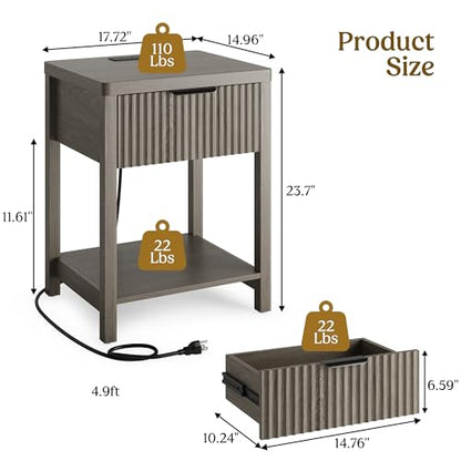 Night Stand Set 1, Fluted Wood Bedside Table w/Socket Station for Bedroom - color: Dark Grey, size: 1 Drawer-Set of 1 Nightstand