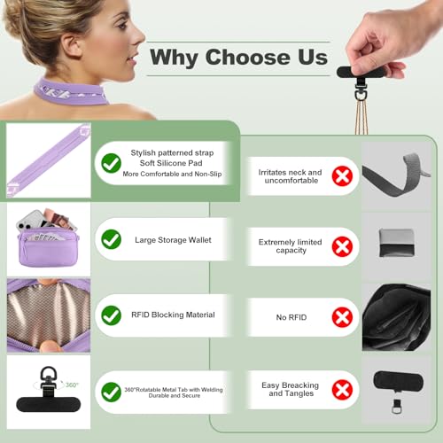 YFWE Clip and Go Strap for Phone with Wallet Crossbody, Adjustable Phone Lanyard with Detachable RFID Wristlet Wallet, Pattern Strap, Purple (M) - color: Purple-pattern Strap, size: Medium
