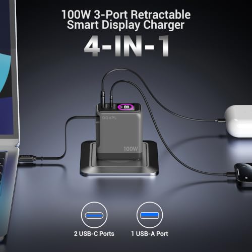 Compact 100W 3-Port GaN Retractable USB C Wall Charger with Smart Display