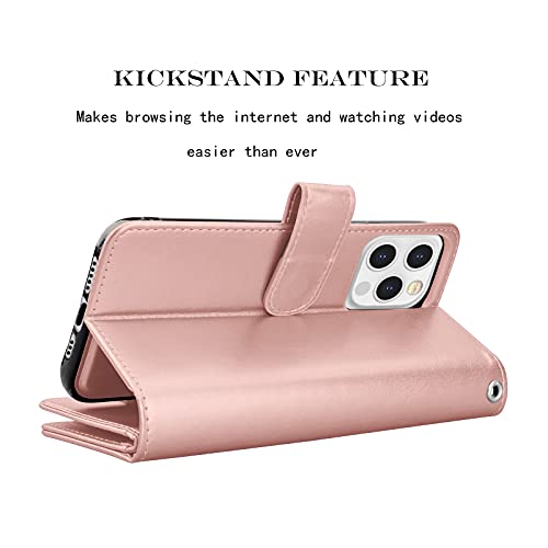 NJJEX iPhone 13 Mini Wallet Case, 9 Card Slots, Rose Gold | PU leather, ID Credit Card Holder, detachable folio flip, magnetic cover, kickstand, lanyard included - color: Rose Gold