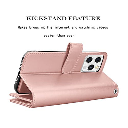 NJJEX iPhone 13 Mini Wallet Case, 9 Card Slots, Rose Gold | PU leather, ID Credit Card Holder, detachable folio flip, magnetic cover, kickstand, lanyard included - color: Rose Gold