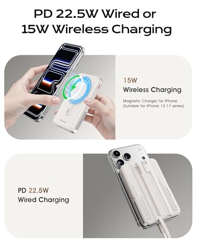 for Magsafe Portable Charger, 10000mAh Power Bank, Creamy White | PD 22.5W Fast Charging with USB-C Cable, Foldable Stand, Magnetic Wireless Charger for iPhone 17/16/15/14/13/12 Series - color: Creamy White