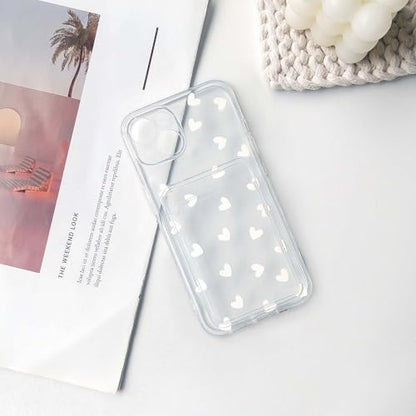 NITITOP Compatible with iPhone 15 Case Clear with Card Holder Cute White Love Heart Pattern Design Design Soft TPU Shock-Absorbing Wallet Case Protective Cover - White - color: White, size: iPhone 15