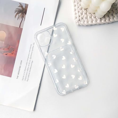 NITITOP Compatible with iPhone 15 Plus Case Clear with Card Holder Cute White Love Heart Pattern Design Design Soft TPU Shock-Absorbing Wallet Case Protective Cover - White - color: White, size: iPhone 15 Plus