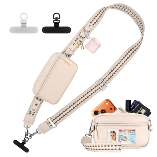 YFWE Clip and Go Phone Strap with Crossbody Wallet, Adjustable Phone Lanyard with Detachable RFID Wristlet Wallet, Anti-Theft Leather Purse with ID Window for Travel Essentials (Cream) - color: Cream Beige