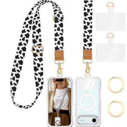 Phone Lanyard Crossbody Strap, Adjustable Neck Strap and Wristlet Strap for Phone Wallet ID Badge with 2 Phone Tabs - color: Cow Print