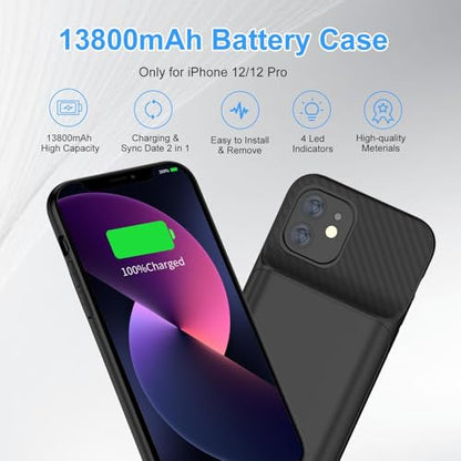 Battery Case for iPhone 12/12Pro, 13800mAh Portable Backup Power Bank Protective Charging Case Rechargeable Extended Battery Charger Cases for iPhone 12/12 Pro