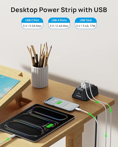 TROND Desk Clamp Power Strip, Surge Protector with 5 Widely Spaced Outlets - color: Black, size: 10FT (2U1C)