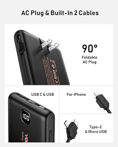 Portable Charger Power Bank Built in Cables and Wall Plug, 10000mAh iPhone Battery Pack Fast Charging, USB C External Slim Power Bank, Travel Essentials Compatible with iPhone 17 16 15 14 iPad, Black - color: Space Black