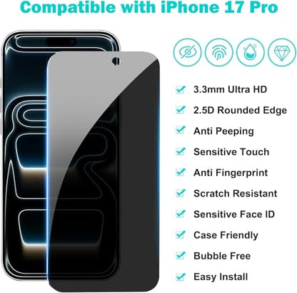 3 Pack for iPhone 17 Pro Privacy Screen Protector +2 Lens Cover - size: iPhone 17 Pro (6.3 inch)