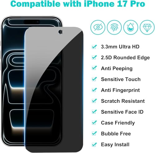 3 Pack for iPhone 17 Pro Privacy Screen Protector +2 Lens Cover - size: iPhone 17 Pro (6.3 inch)