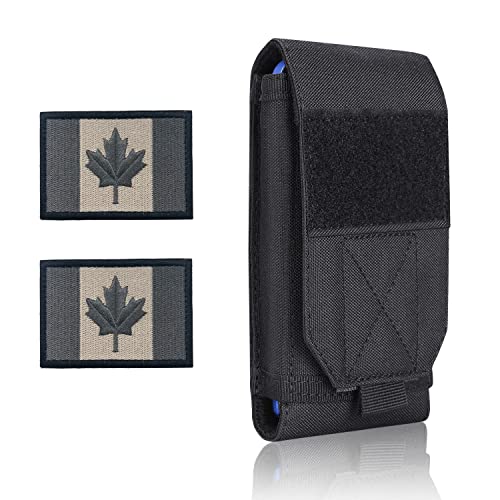 Black Tactical Molle Waterproof Cellphone Pouch Case,Heavy Duty Phone Holster Bag for iPhone 11 12 13 Pro Max Samsung S22 S21 S20 FE Note 20 A02S Less 6.7" Phone with 2 Pack Canada Flag Patch - color: Black & 2 Brown Patches