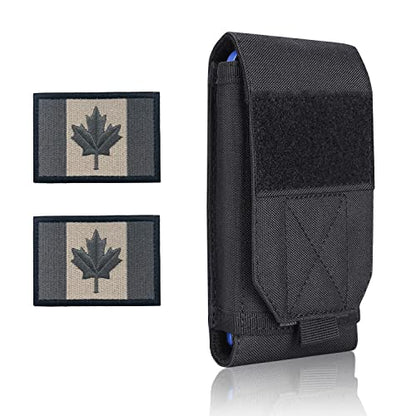 Black Tactical Molle Waterproof Cellphone Pouch Case,Heavy Duty Phone Holster Bag for iPhone 11 12 13 Pro Max Samsung S22 S21 S20 FE Note 20 A02S Less 6.7" Phone with 2 Pack Canada Flag Patch - color: Black & 2 Brown Patches