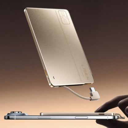 LISEN 0.2'' Ultra Slim Power Bank 5000mAh, USB C Built-in Cable Charger - color: Gold