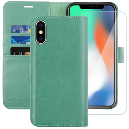 MONASAY Wallet Case for iPhone X/Xs with 3 Card Holders - Mint | Kickstand,RFID Blocking,6.6 feet of shock absorption,PU Leather,Strong Magnetic Closure,Fits 5.8 inch ONLY,screen Protector - color: Mint