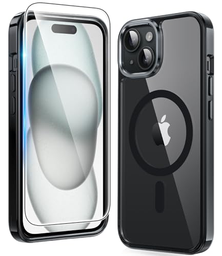 FNTCASE for iPhone 15 Plus Case Clear Magnetic with Screen Protector | Anti Yellowing, Compatible with Magsafe, Rugged Shockproof Protective, Transparent Cell Phone Cover - color: B-Black, size: For Iphone 15 Plus 6.7 Inch