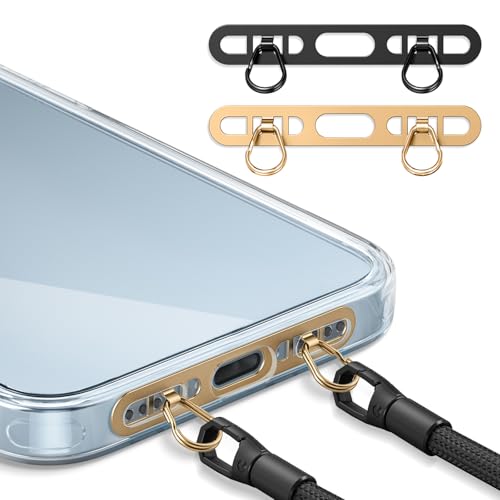 saxsion Phone Lanyard Tab, 2-Ring Metal Tether Tab for iPhone - Ultra-Thin Stainless Steel Cell Phone Lanyard Patch, No Block Charging Port, Anti-Loss Strap Attachment (Champagne Gold+black) - color: Champagne Gold+black