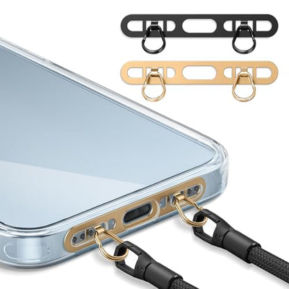 saxsion Phone Lanyard Tab, 2-Ring Metal Tether Tab for iPhone - Ultra-Thin Stainless Steel Cell Phone Lanyard Patch, No Block Charging Port, Anti-Loss Strap Attachment (Champagne Gold+black) - color: Champagne Gold+black
