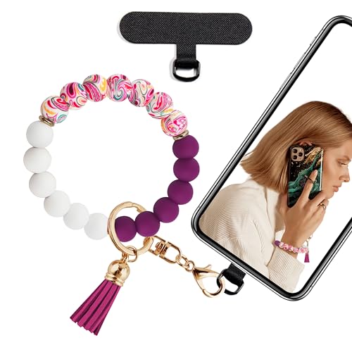 Silicone Beaded Phone Wrist Strap for Women, BPA-Free Silicone - color: Plum