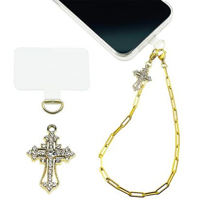 Phone Wrist Strap Metal Phone Chain Wristlet Strap Detachable Cellphone Lanyard Wrist with Tether Tab - color: 02_gold Christ Cross