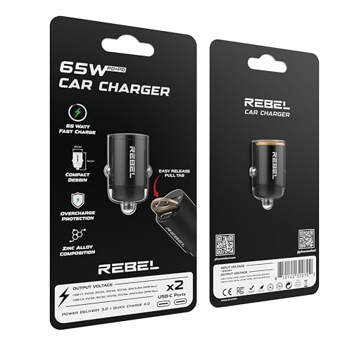 REBEL Dual 65W USB C Fast Car Charger 12V/24V [Smallest Metal Frame] PD65W, QC60W 4.0/3.0, Flush Fit, Cigarette Lighter Adapter for iPhone 17 Pro Max Air 16 Plus 15 14 13 12 iPad, MacBook, S25. S24
