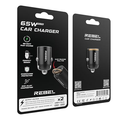 REBEL Dual 65W USB C Fast Car Charger 12V/24V [Smallest Metal Frame] PD65W, QC60W 4.0/3.0, Flush Fit, Cigarette Lighter Adapter for iPhone 17 Pro Max Air 16 Plus 15 14 13 12 iPad, MacBook, S25. S24