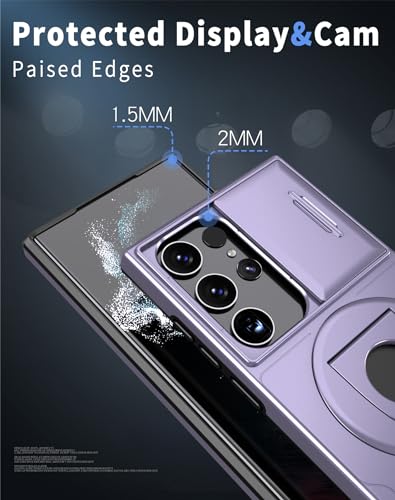 ANNGELAS for Samsung Galaxy S23 Ultra Mag Safe Kickstand Case with Slide Camera Cover,Slim Shockproof Military Heavy Duty Anti Drop Full Body Protection,360 Rotating Stand Magnetic Phone Case(Purple) - color: Magnetic Stand Purple
