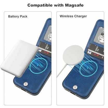 KIHUWEY for iPhone 16 Pro Wallet Case Card Holder for MagSafe, Blue | Wireless Charging, RFID, Flip PU Leather, Magnetic Clasp, Hands-Free Viewing Kickstand, Heavy Duty Protective Cover - color: Magsafe for Blue