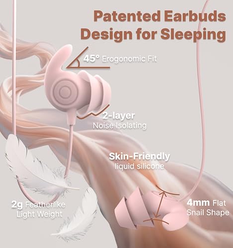 Hmusic USB C Wired Sleep Earbuds, 2g Lightweight Earphones for Side Sleeper - color: Pink, size: USB-C