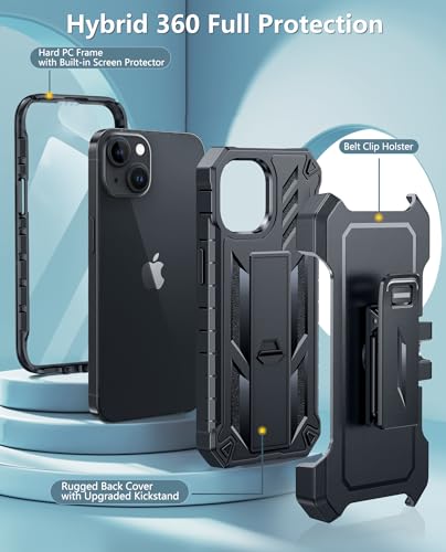 FNTCASE for iPhone 15 Case with Belt Clip and Built-in Screen Protector | Rugged Kickstand, 20FT Military-Grade Drop Protection, Full Body Heavy Duty Shockproof Holster, Hard Protective Cover - color: Black