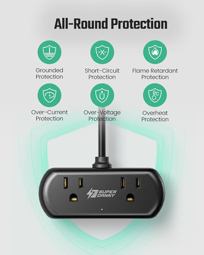SUPERDANNY Mini Surge Protector, 2 Wide-Spaced Outlets Power Strip with USB - color: Black, size: 9.8ft