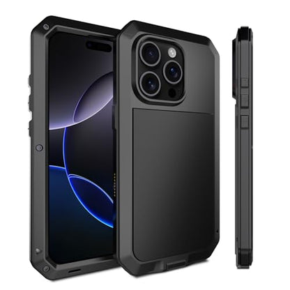for iPhone 16 Pro Max Metal Case 6.9",Heavy Duty Shockproof Aluminum Alloy Tough Armour Military Phone Case,360 Full Body Protective Cover with Silicone Built-in Screen Protector - Black - color: Black