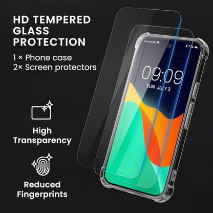 kwmobile Clear Case Compatible with Google Pixel 10a Cover - Soft Transparent Smartphone Case - with 2X Tempered Glass Screen Protectors - Transparent - size: Pixel 10a
