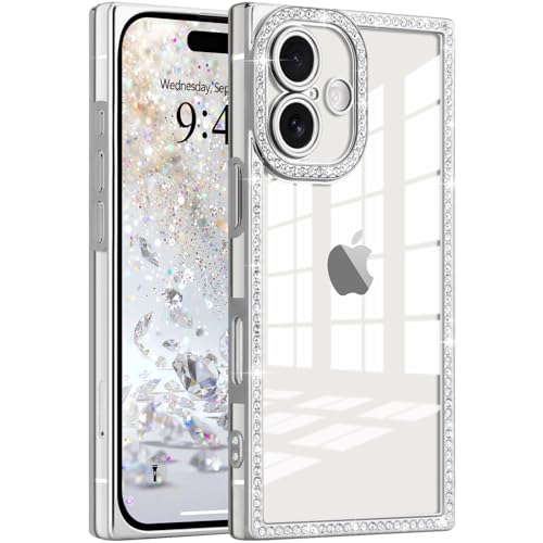 Clear Glitter Phone Case for iPhone 16 Luxury Bling Diamond | Sparkly Rhinestones Soft TPU Plating Rectangle Edge Camera Protection Transparent Shockproof Cover for Women Girls, Silver - color: Silver, size: iPhone 16