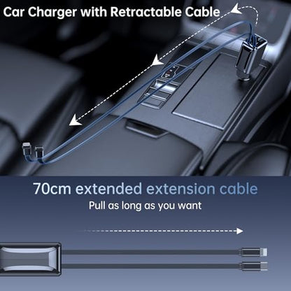 4 in 1 Retractable Car Charger, 69W Fast Charging USB C Car Charger with 2 Built-in Cables & Dual Ports, Multi Port Car Phone Charger Adapter for iPhone 17/16/15, Tablets, Android - color: Black Dual Cable