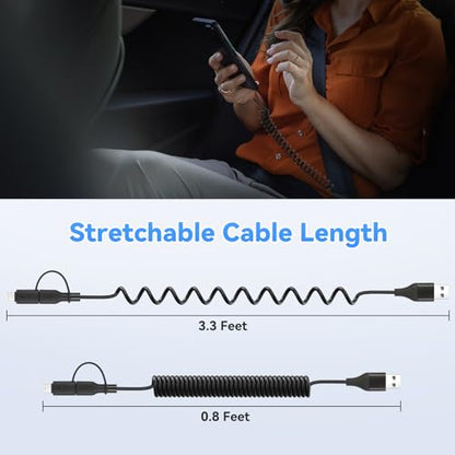 aceyoon Retractable Lightning Cable 4 in 1 Coiled Multi Charging Cable 3FT, 60W USB to Lightning Fast Charging & Data Sync USB C Cord for Apple Carplay & Android Auto for iPhone 16 15 14 13 Pro Max